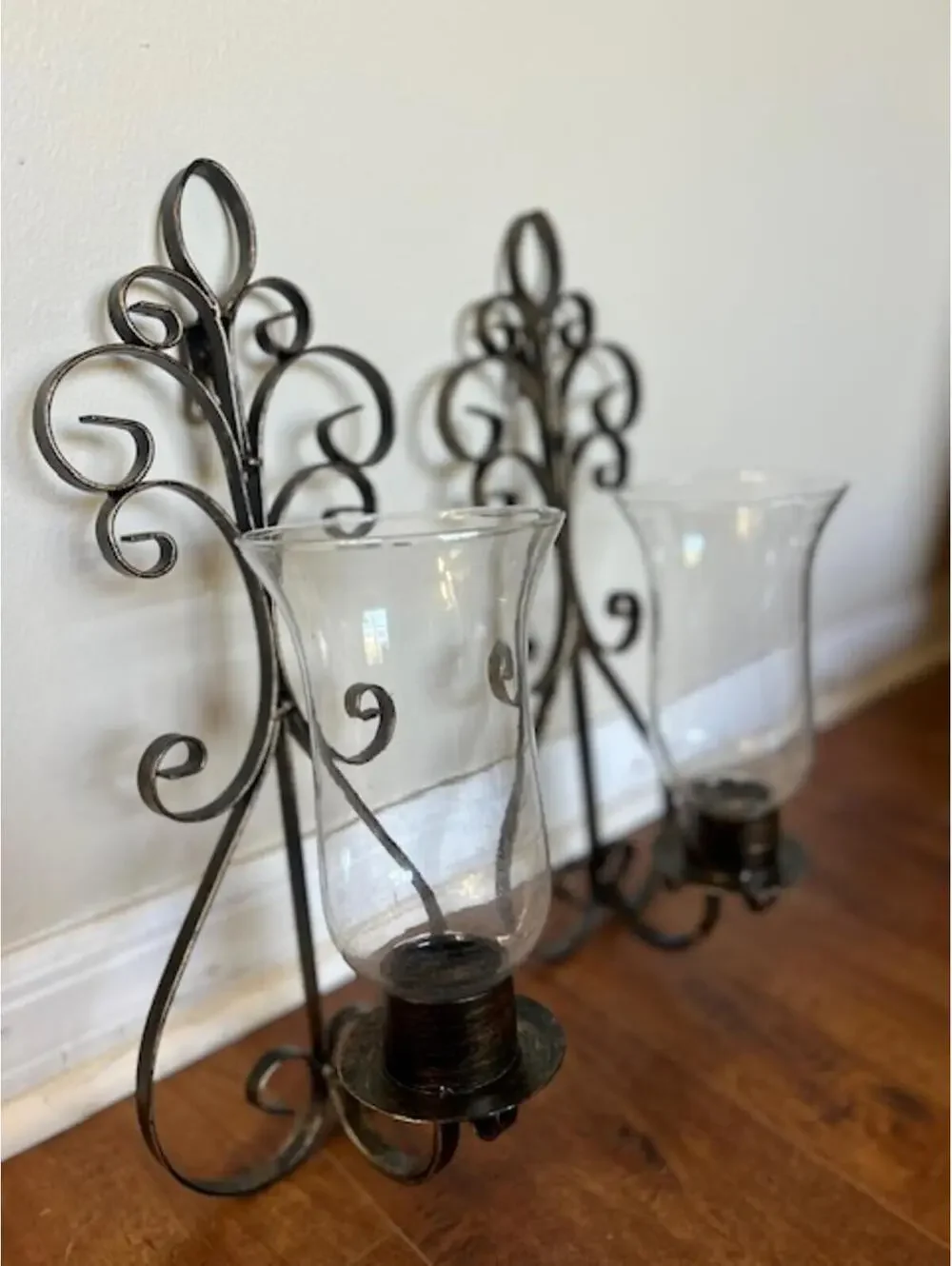 Pair of Vintage Wall-Mounted Metal Candle Holders with Glass Shades
